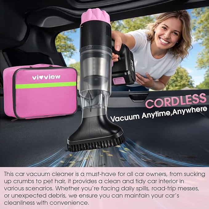 25pcs Car Cleaning Kit, Pink Interior Detailing Kit with High Power Vacuum Portable Cordless, Handheld Vacuum Cleaner for Home, Car, Pet Hair, Keyboard, Complete Auto Accessories for Gift