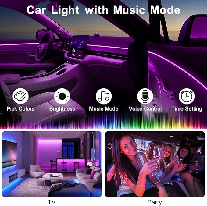 Interior Car Lights, 9 in 1 Car LED Strip with Wireless APP/RF Remote/Button Control, 16 Million Colors Ambient Lighting Kit with 5 Fiber Optic LED Strips & 4 Under Dash Lights