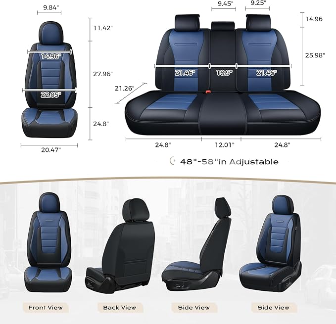 Coverado Car Seat Covers Full Set, Nappa Leather Seat Covers for Cars, Car Seat Protector Car Seat Cushion, Front and Back Seat Protectors Cushions Universal Fit for Most Cars Vehicles(Black&Blue)