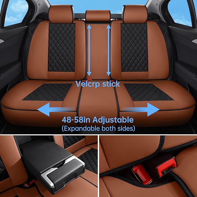 Car Seat Covers Full Set Brown, Luxury Faux Leather Waterproof Non-Slip Women Seat Protector Universal Fit for Most Cars SUVs Trucks Pick-ups,Car Interior Accessories (Brown Black-Full Set)