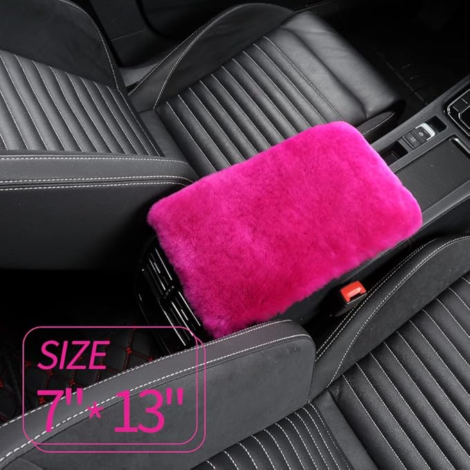Sheepskin Armrest Cover Auto Center Armrest Cover Car Soft Console Pad, Fluffy Wool Auto Center Console Cover for Most Car Arm Rest Decoration Protector 7 x 13 Inch (Shearling, Deep Rose)