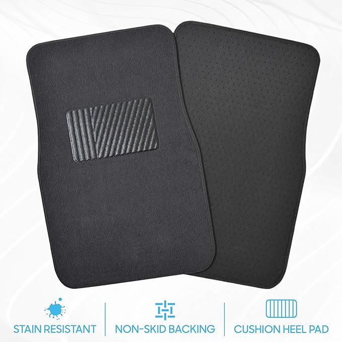 Premium 4 Piece Set of Carpet Car Floor Mats with Vinyl Safety Heel Pad for Car, Truck, SUV, Coupe Sedan, Black (MT-100-BK) Pack of 1