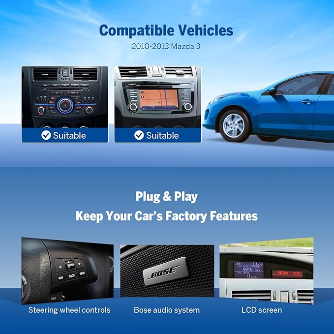 Eonon 9" Car Stereo for Mazda 3 2010-2013, QCM6225-AD Octa Core 6+64GB, Wireless CarPlay & Android Auto Car Radio, Touchscreen QLED Car Stereo Receiver, 4G LTE/Bluetooth/HDMI/SWC - M3BLX6S Upgrade