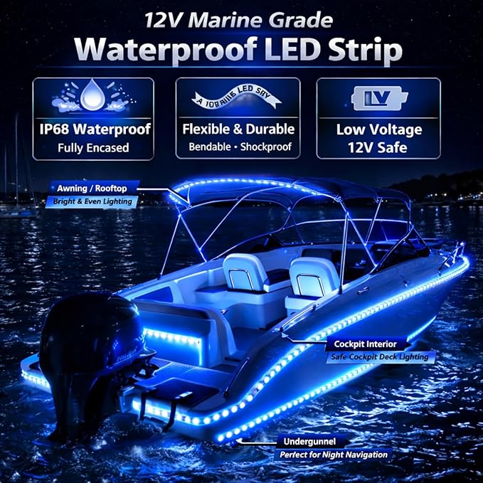 12V Marine Boat LED Light Strip Super Bright, 2 Pack 4FT IP68 Fully Waterproof RV Front Cap Lights, Golf Cart Underglow Roof Lights Strip for Truck ATV UTV SUV Car Pickup Trailer, Cuttable, Blue