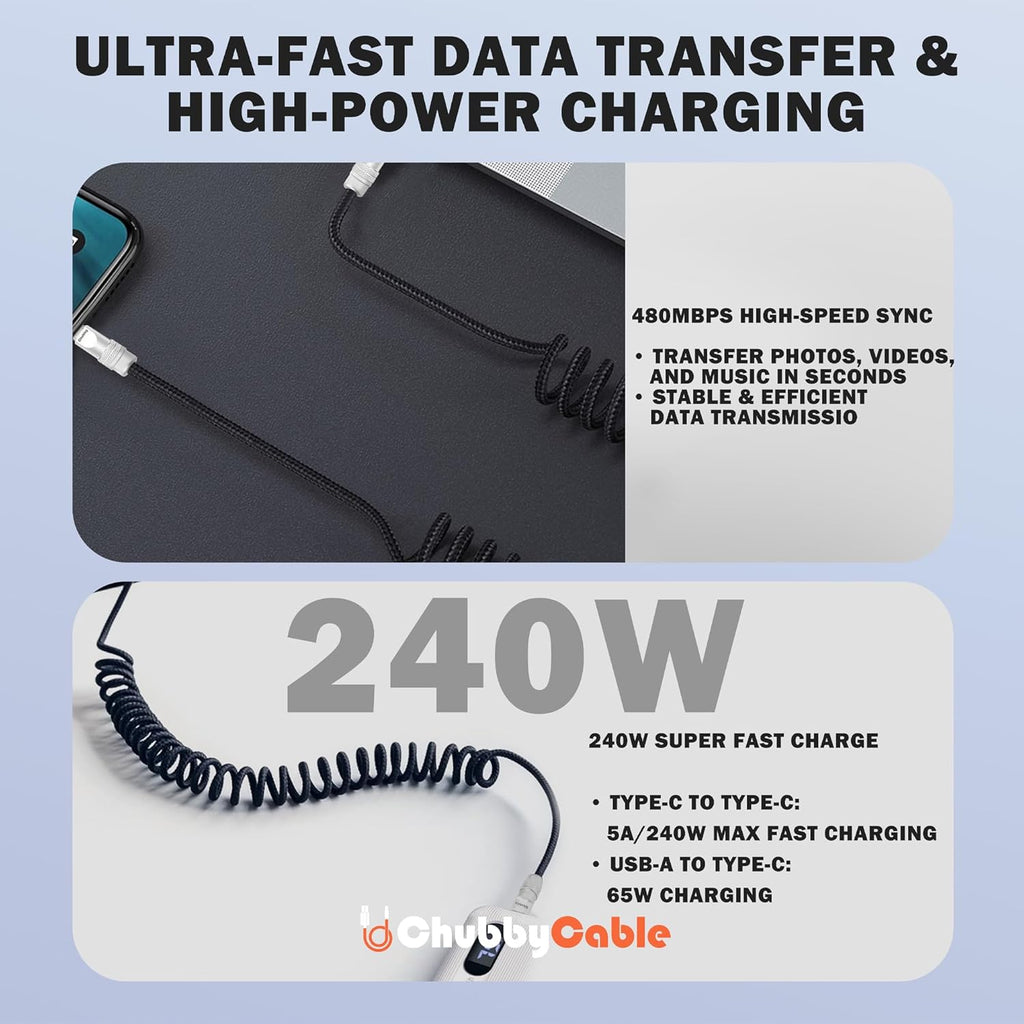 chubbycable Curly Chubby - Retractable Fast Charging Cable 240W Coiled Charger Cord for Car Durable USB-C Cable for Phones, Tablets and More, Dark Blue+Dark Blue, USB-A to Type-C, 1.3FT-2.3FT