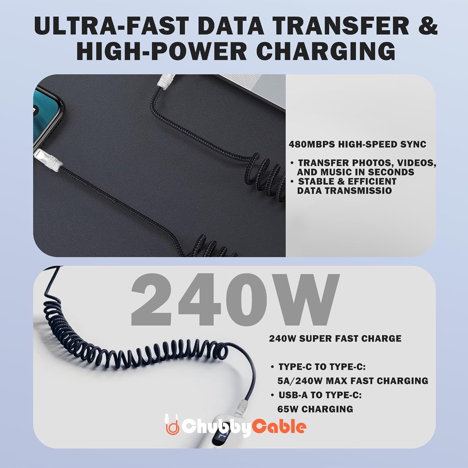 chubbycable Curly Chubby - Retractable Fast Charging Cable 240W Coiled Charger Cord for Car Durable USB-C Cable for Phones, Tablets and More, Red, Type-C to Type-C, 1.3FT-2.3FT