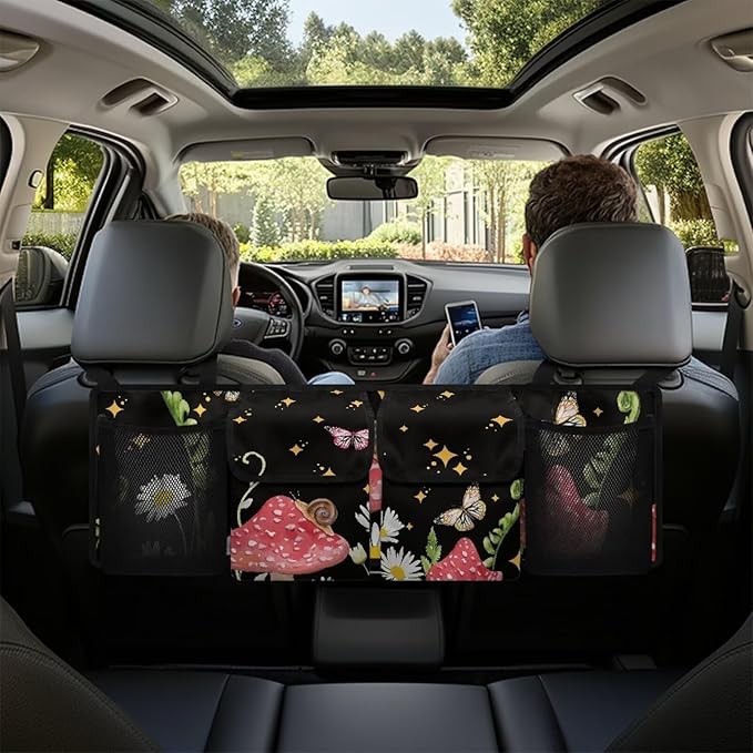 Butterfly Mushroom Car Backseat Trunk Organizer Daisy Stars Hanging Cargo Bag Multipurpose Trunk Storage Bag with 3 Adjustable Buckles