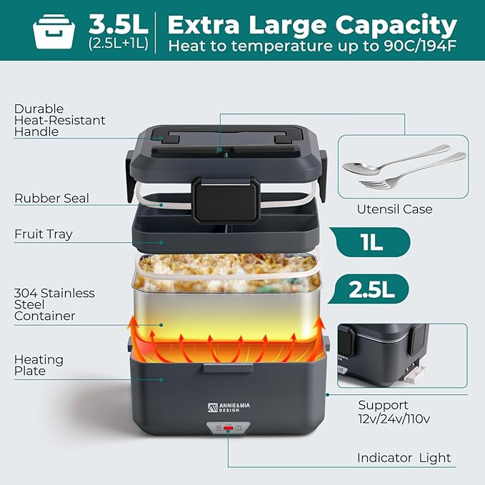 Annie & Mia Design Electric Lunch Box for Adults, 100w 3.5L 2-Layer Portable Food Warmer, Dual Mode 2.5L + 1L Heated Lunch Box for Adults, Home/Car/Office/Truck Use, Lonchera Eléctrica Portátil