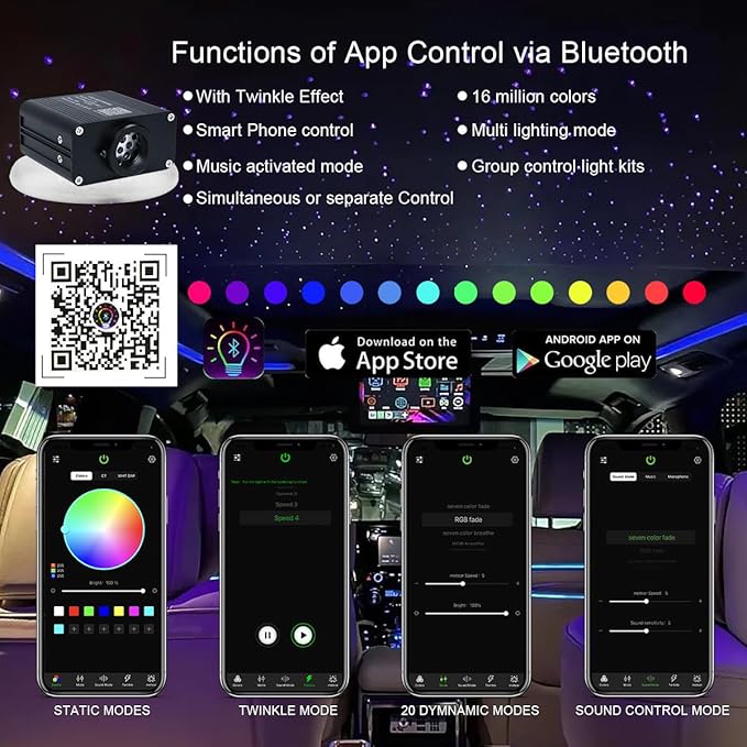 AKEPO 16W Twinkle APP Fiber Optic Starlight Headliner Lights Kit, 650pcs 13.1ft/4m 0.03in Optical Fiber Star Music Activated RGBW Ceiling Light Kit for Car Headliner Star/Home