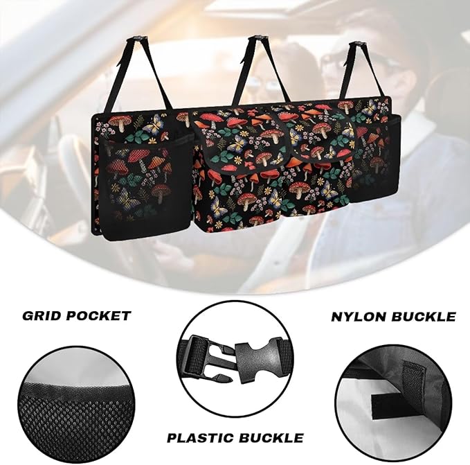 Mushroom Car Trunk Organizer Foldable Auto Backseat Storage Bag with 4 Pockets Hanging Auto Accessories Suitable Most Sedans SUVs Trucks Vans