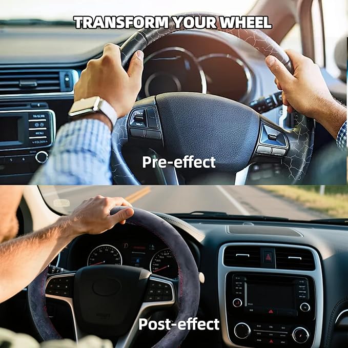 Suede Leather Steering Wheel Cover Wrap Kit - DIY Stitch-On for 14.5-15" Wheels, Superior Sweat Absorption & Non-Slip Grip, Comfortable & Durable Year-Round Upgrade