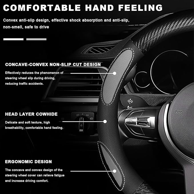 Car Breathable Steering Wheel Cover, Carbon Fiber Wear-Resistant Steering Wheel Protector for Comfy Grip, Universal Non-Slip Leather Wheel Sleeve for Most Car SUV Truck (Black)