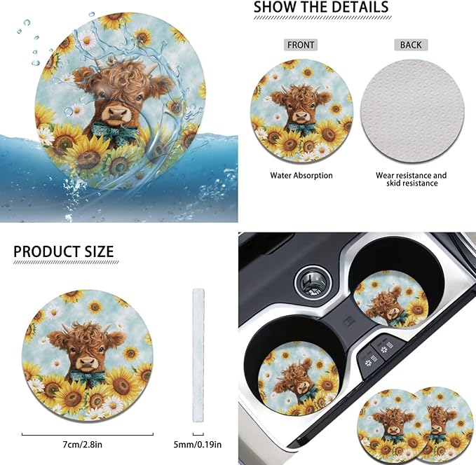 Highland Cow Print Car Accessories 6 Pcs Sets Sunflower Car Steering Wheel Cover Set for Men Women Cup Coaster Cars Armrest Cover Fits Most Cars Trucks Vans SUV