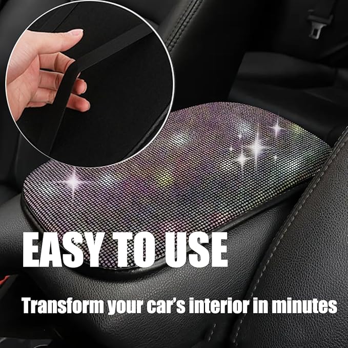 11.9''×8.4'' Bling Car Center Console Cover, Crystal Diamond Arm Rest Cover for Car, Soft Elbow Pillow Automotive Armrest Seat Box Cover, Arm Rest Protective Cushion Pad for Women (Colorful)