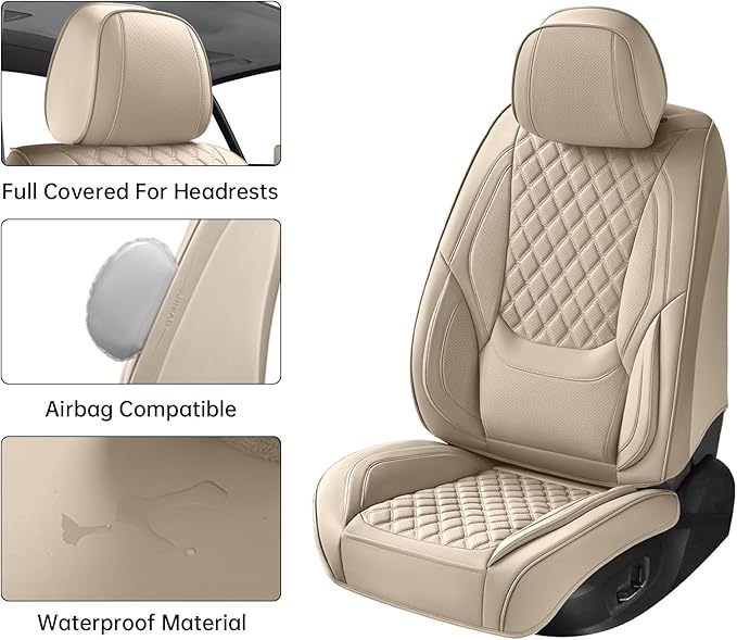 Car Seat Covers Front Seats, Luxury Faux Leather Car Seat Covers Waterproof Non-Slip Seat Protector Universal Fit for Most Cars SUVs Trucks Pick-ups, Beige Car Accessories Interior