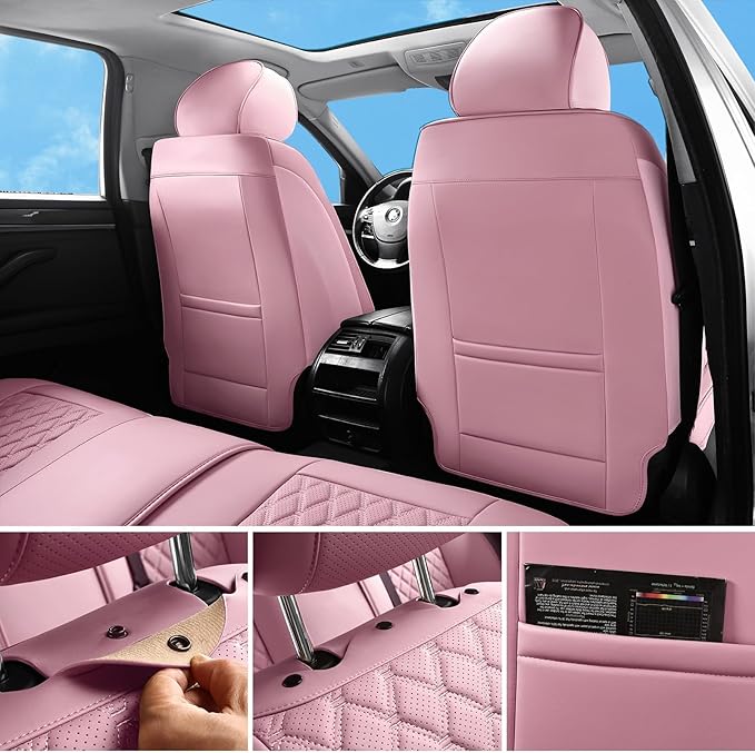 Car Seat Covers Full Set Pink, Luxury Faux Leather Car Seat Covers Waterproof Non-Slip Seat Protector Universal Fit for Most Cars SUVs Trucks Pick-ups, Cute Pink Car Accessories for Women