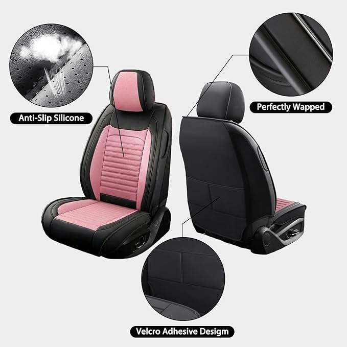 Car Seat Covers Full Set Fit for Toyota RAV4 2001-2025, Premium Faux Leather Car Seat Protector,Breathable Anti-Slip Full Wrapping Edge Seat Covers(Black&Pink,Full Set)