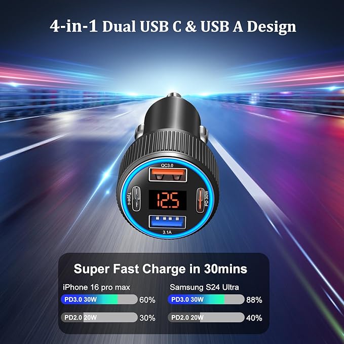 65W Dual USB C & USB A Car Charger Multi Port Cigarette Lighter Adapter with Voltmeter QC+PD 3.0 Fast Charging with 2 Pack Type C Cords