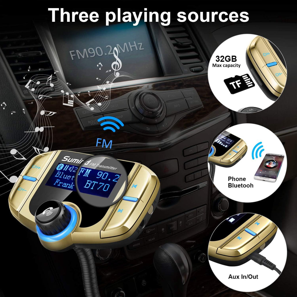 Upgraded Bluetooth FM Transmitter, Wireless Radio Adapter Hands Free Car Kit with 1.7'' Display, QC3.0 and Smart 2.4Amp Dual USB Ports, AUX Input/Output, TF Card Mp3 Player (Normal, Golden)