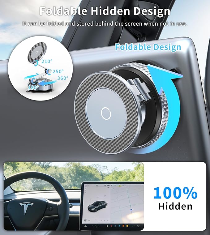 Magnetic Car Mount for Tesla, 360° Adjustable Phone Holder for Tesla Model 3 and Y, Strong Magnet & Foldable Car Accessories, All-metal Phone Mount for Magsafe Compatible with iPhone 17 16 15 Pro Max