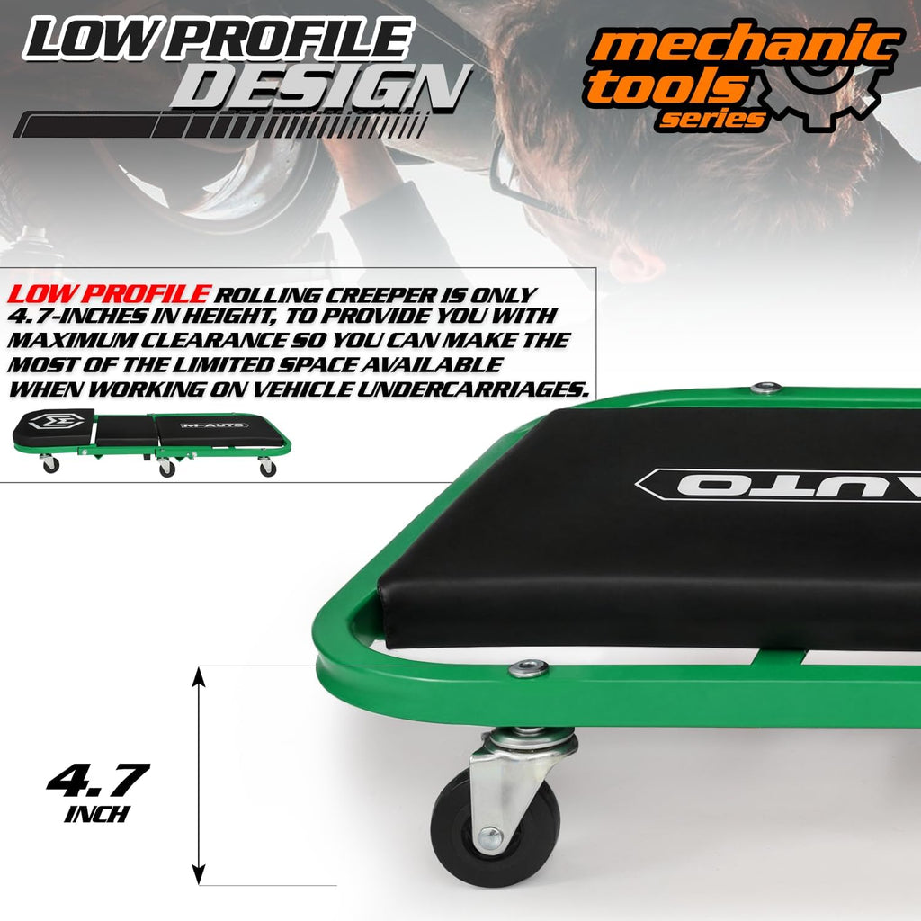 M-AUTO 40-Inch Folding Creeper Rolling Seat, All-in-One Adjustable Roller Garage Chair, Lay Down or Sit, 330LBS Capacity Under Car Roller Creeper with 6 Swivel Casters, Green