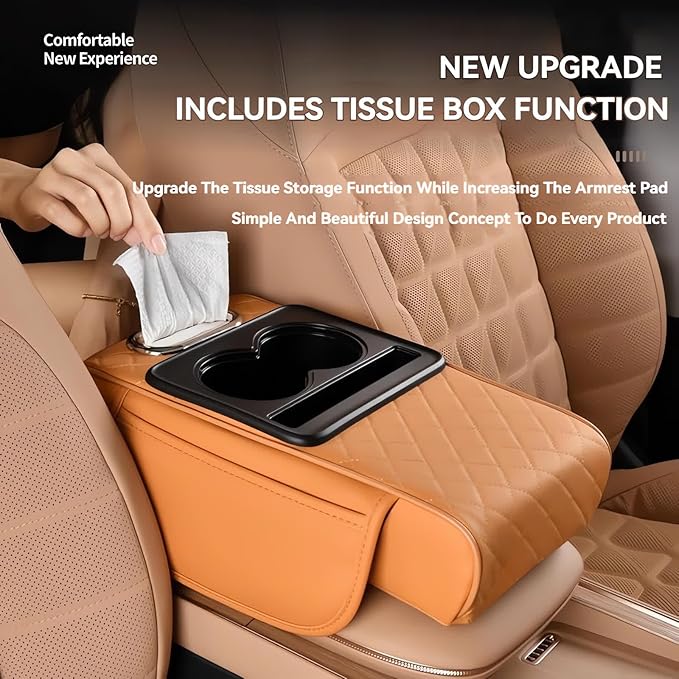 Multifunctional PU Leather Car Armrest Box Mat, 5-in-1 Multifunctional Car Armrest Cushion, Center Console Cover with 2 Cup Holder, For Storing Tissues, Phones, Wallets, Drinks, for Most Cars (Beige)