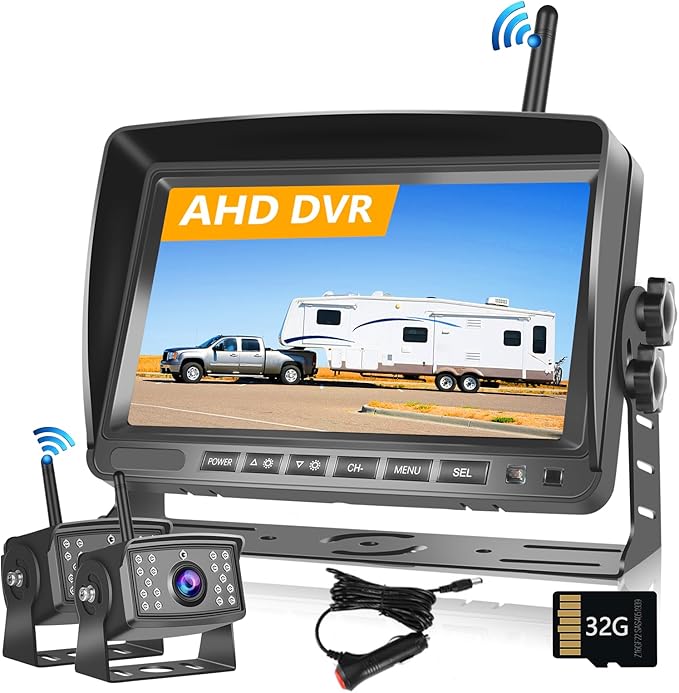 Wireless Dual Backup Camera System, Hodozzy 7" Monitor with Split Screen Plug and Play HD Rear View Camera with Loop Recording Sunshade Design Waterproof IR Night Vision 12V-36V for Car,Truck, RV