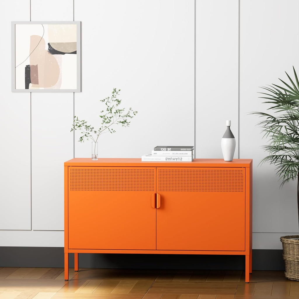 2 Door Accent Cabinet,Orange Metal Storage Cabinet with Adjustable Shelf,2-Tier Shelf,Multipurpose Metal Locker Storage for Office Home,Music Studio (Orange)