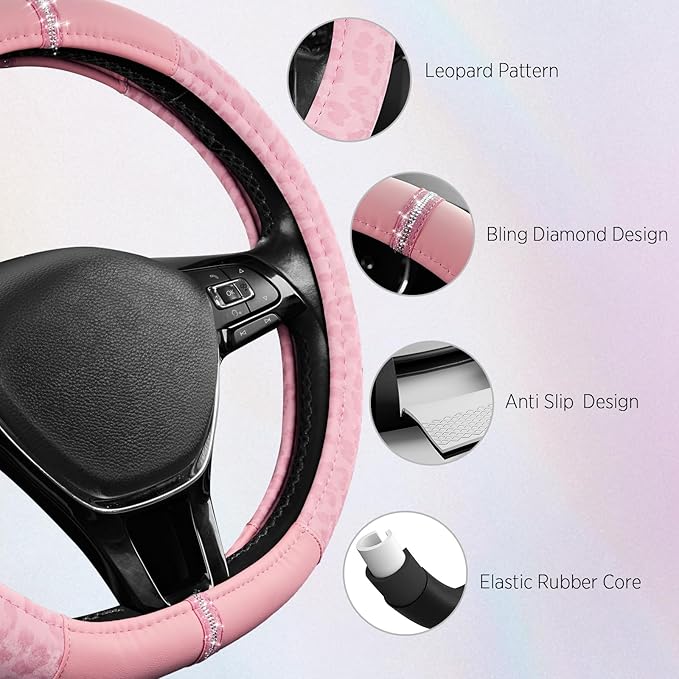 Road Comforts Leopard Steering Wheel Cover - Made with PVC Leather Cheetah Print, D-Shaped Automotive Steering Wheels - Anti-Slip, Universal Fit 14 1/2 inches to 15 inches - Full Pink