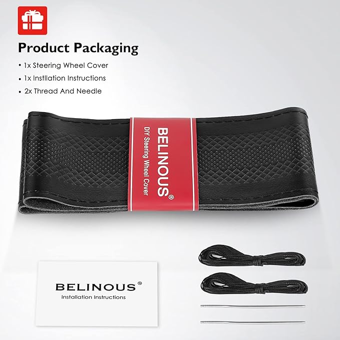 BELINOUS Leather Steering Wheel Cover Lace Up, Embossed Steering Wheel Wrap Fit for 13 3/4-16 Inch Car, Stitch on Wrap DIY w/Needle Thread (Size M5, Black)