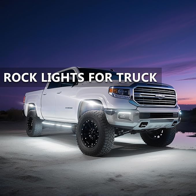 16 Pods Pure White LED Rock Lights, IP68 Waterproof Aluminum 6500K Bright White Underglow Light with Extension Cord Harness,12V Metal Fender Lights for Trucks Off Road UTV ATV Car Golf Trailer Etc