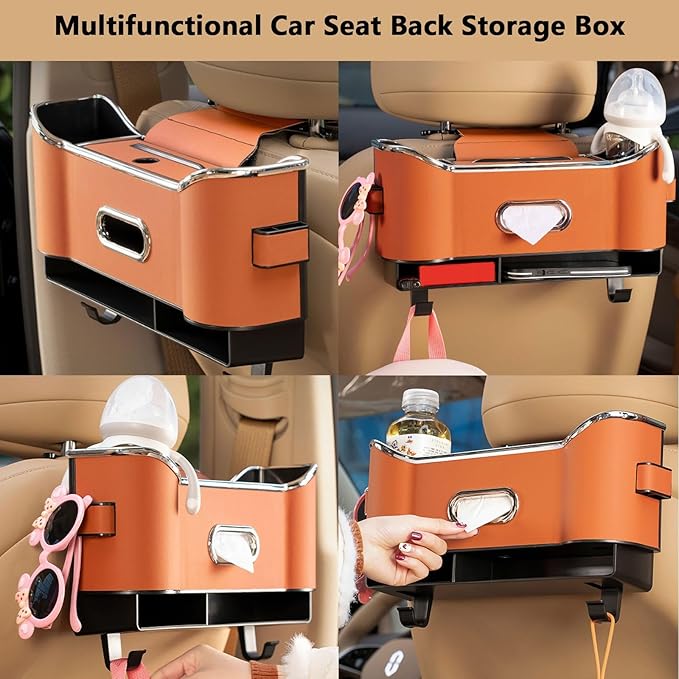 Multifunctional Car Seat Logo Storage Box, Universal Car Organizer with 2 Drink Cup Holder (Red)