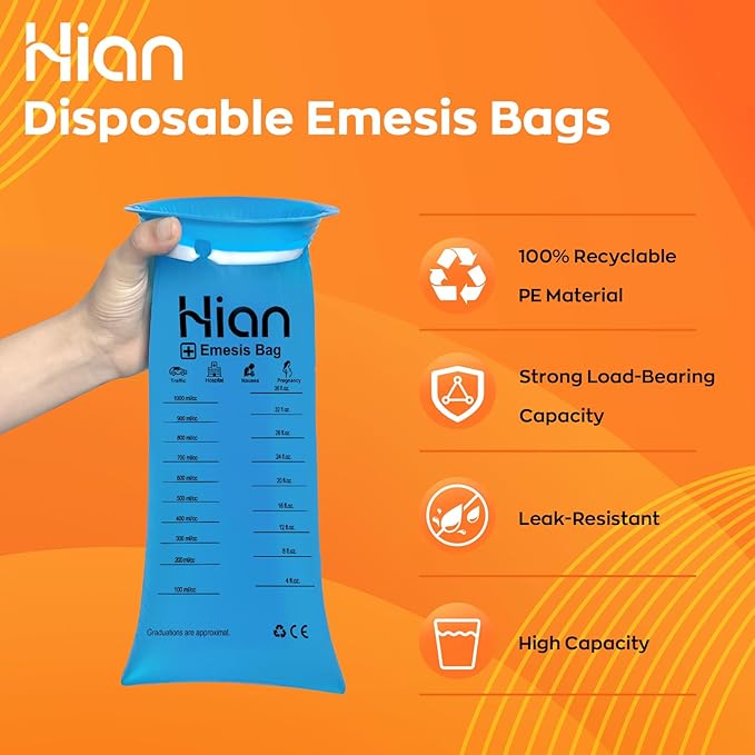 Hion Vomit Bags Disposable – 100 Pack 1000ml Emesis Bags – Leak Resistant, Medical Grade, Portable – Perfect for Motion, Car & Aircraft Sickness, Pregnant Women