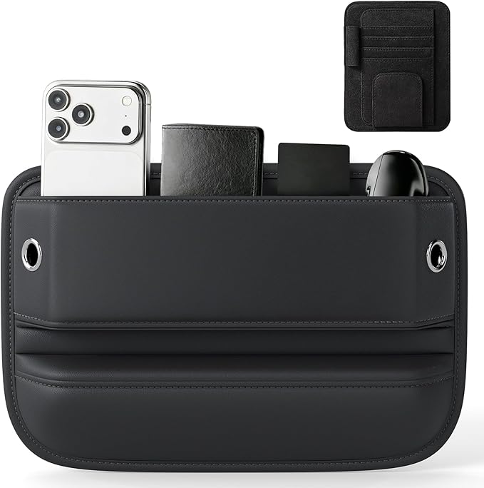 Car Seat Gap Filler with Sun Visor Organizer, Leather Seat Gap Organizer for Phone, Cards, Keys and Sunglasses, Front Seat Storage for Most Cars, SUVs and Trucks