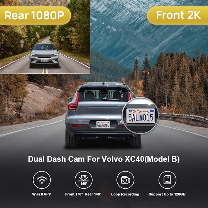Fitcamx 2K Dual Dash Cam Suitable for Volvo XC40 & XC40 Recharge B4 B5 T4 T5 P8 (Model B), OEM Style, Front 1440P+Rear 1080P HD Video, Loop Recording, WiFi & APP, G-Sensor, Easy to Use, 64GB Card