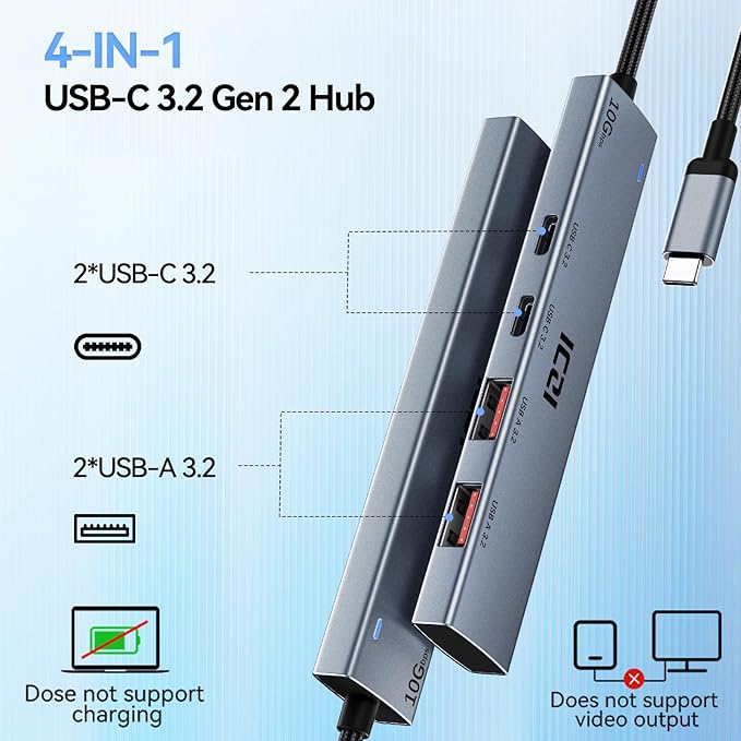ICZI USB C Hub, 10Gbps 4 in 1 USB 3.2 Adapter with 2 USB-C & A 3.2 4FT Cable, 4 Ports Splitter Extender for MacBook Pro/Air, iPad Pro, iPhone 15/15 Pro Max, Surface, PC, Laptops