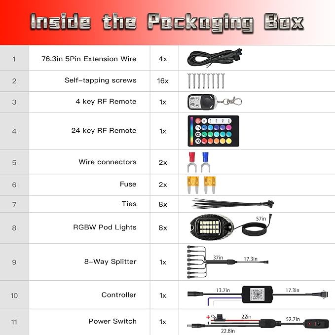 8 Pods Metal RGBW Rock Lights,LED Upgraded RGB Underglow Lights for Truck Jeeps ATV UTV Golf Cart RZR SXS Offroad,IP68 Waterproof Metal Multicolor Neon Underglow Kit with APP/RF Remote Music Mode,12V