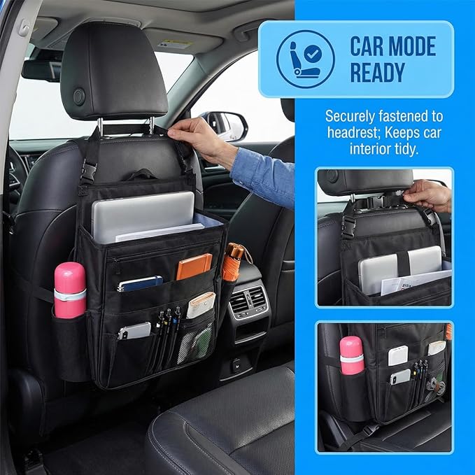 Car Front Seat Organizer, Multipurpose Hanging Passenger Seat & Backseat Storage Bag with Cup Holder, Multi-Layer Auto Interior Organizer with Laptop Tablet Storage, Universal Fit