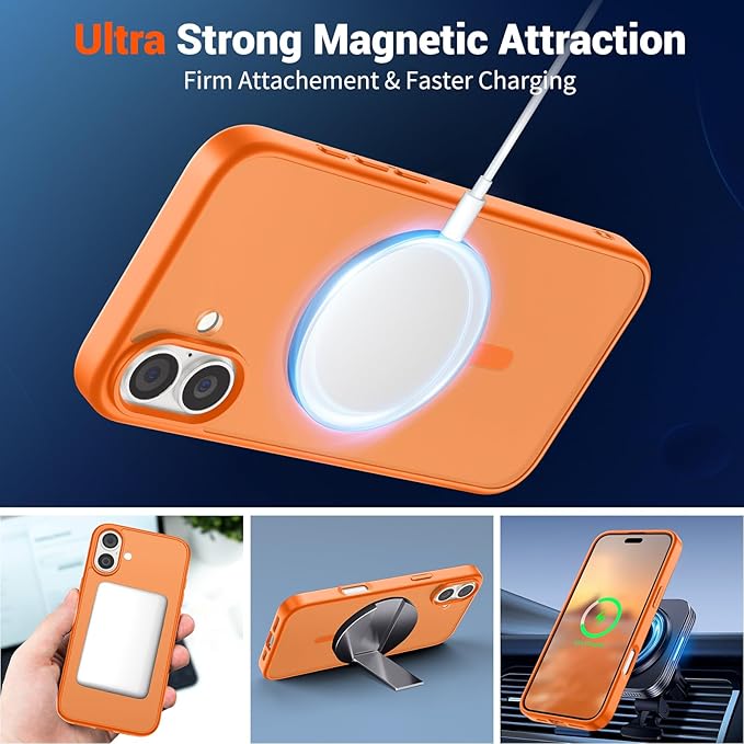 SUPFINE Magnetic for iPhone 16 Plus Case with Screen Protector (Compatible with MagSafe) (Military Grade Drop Protection) Translucent Matte Shockproof Phone Cover,Starry Orange