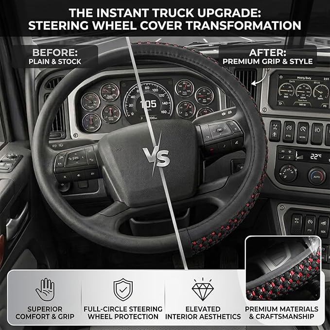 15”16”17“18“19”20 Inch Ice Silk Ventilation Multi-Style Comfy Grip Steering Wheel Cover for Truck, Bus, Big Rig Trucker,SUV， Anti-Slip Design 15-20 Inch (BlacRed, 18)
