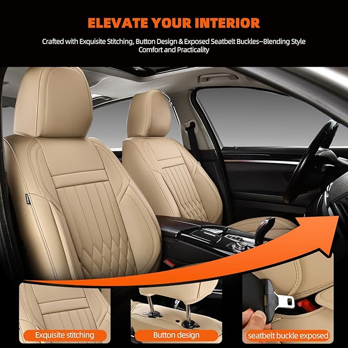 KEYOOG Universal 5-Seater Waterproof Breathable Nappa Leather Car Seat Covers Full Set, Fit for Front Rear Seats, Compatible with Hy-undai Sonata, To-yota Camry, Fo-rd F-150, Fit Most Sedans SUV Beige