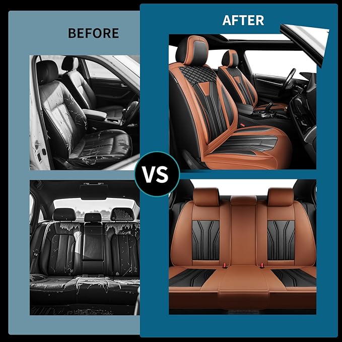 Fit Leaf Car Seat Covers Compatible with Nissan Leaf 2012-2025 2026 - Full Set Premium Leather， Waterproof Breathable， All-Weather Seat Cushion Protecto&Airbag Compatible（Brown & Black