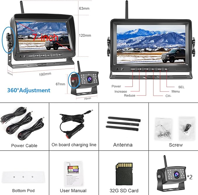 Wireless Dual Backup Camera System, Hodozzy 7" Monitor with Split Screen Plug and Play HD Rear View Camera with Loop Recording Sunshade Design Waterproof IR Night Vision 12V-36V for Car,Truck, RV