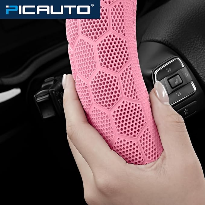PIC AUTO Massage Steering Wheel Cover, Pink Football Pattern Material Spliced & Light Blue Leather Car Steering Wheel Cover, Car Steering Cover, Universal Fit 14.5"-15.5" for Cars, Trucks, Van, SUVs