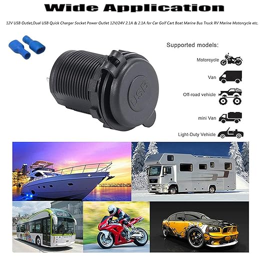 [5 Pack] 12V USB Outlet, Dual USB Quick Charger Socket Waterproof Power Outlet 12V/24V 2.1A & 2.1A for Car Golf Cart Boat Marine Bus Truck RV Marine Motorcycle, Blue LED