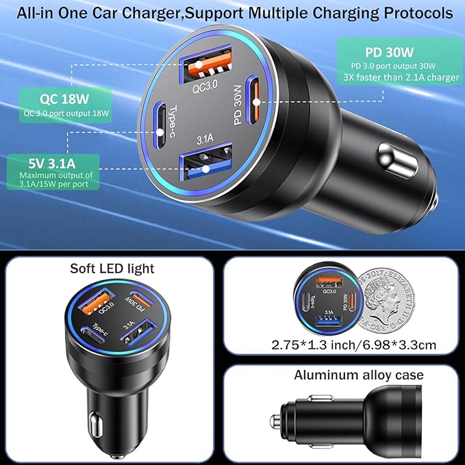 iPhone 17/16 Pro Max Car Charger, 65W 4-Port USB C Cigarette Lighter Adapter Fast Charging Car Charger Adapter with 6FT Braided USB C Cable for iPhone 17/16 Plus/16 Pro/16 15 Pro Max,iPad Pro/Air/Mini