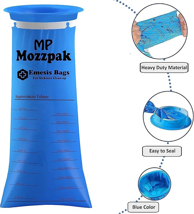 MP MOZZPAK Vomit Bags Disposable 35 Pack - 1000ml Emesis Bags, Leak-Proof Barf Bag, Travel Friendly Puke & Nausea Bag for Motion Sickness, Medical Grade Throw up Relief for Car