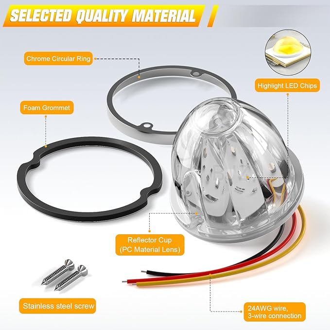 BJZ 6Pcs White Watermelon LED Strobe+Constant Marker Lights Dual Function Watermelon-Shaped Side Marker Clearance Tail Top Cap Roof Lights for Trailer Truck Semi-Trailer Heavy-Duty Truck Bus Van