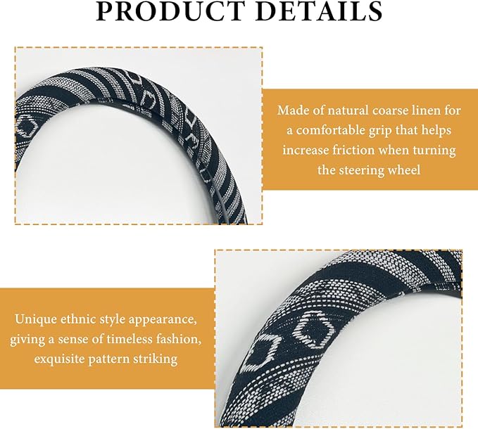 Boho Steering Wheel Cover, 15 Inch Coarse Flax Cloth Ethnic Style Anti-Slip Car Wheel Wrap, Universal Breathable Bohemian Steering Wheel Protector for Cars Vans Trucks (E)