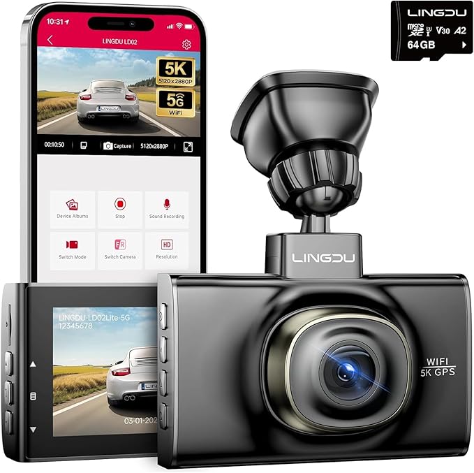 LD02 5K 5G WiFi Dash Cam with Free 64GB SD Card, 3" IPS Screen 150° WDR IR Night Vision 24H Parking Mode Dashcam for Car, Build-in GPS G-Sensor